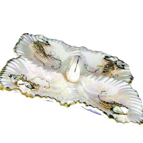 Dish Divided with Handle Pink Opalescent Gold Leaf Accents Collectible Vintage - Picture 2 of 9